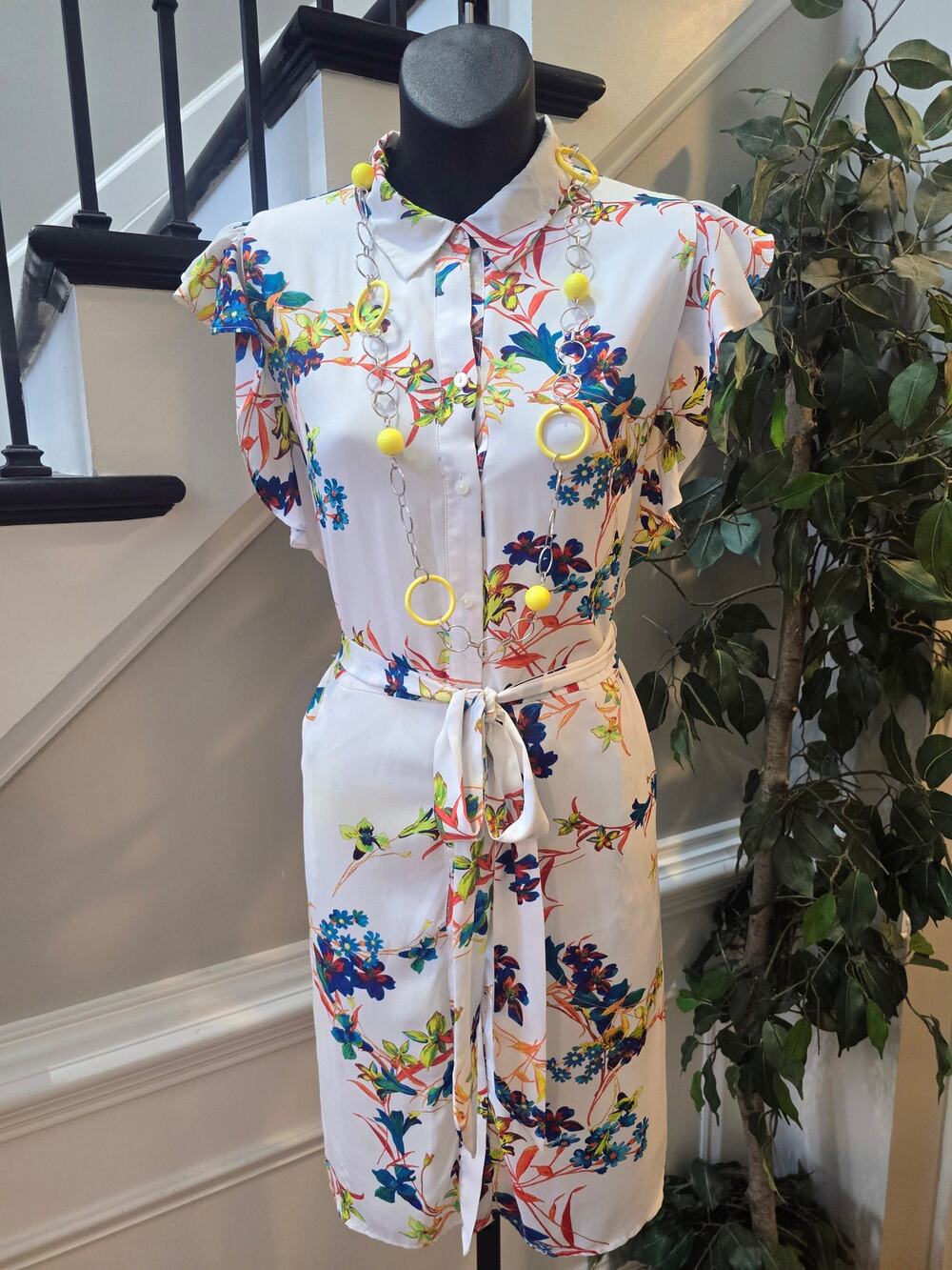 Worthington Shirt Dress Womens 6 White Floral Button Up Waist Tie Flutter Sleeve